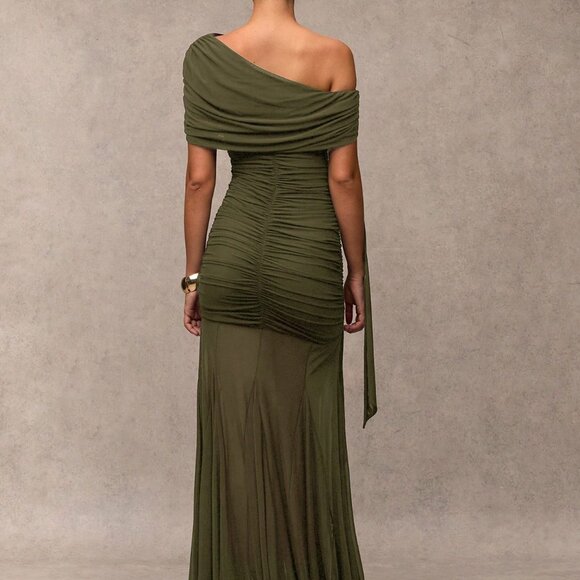 Army Green Elegant Women's Ruched Asymmetric Dress - Picture 2 of 8